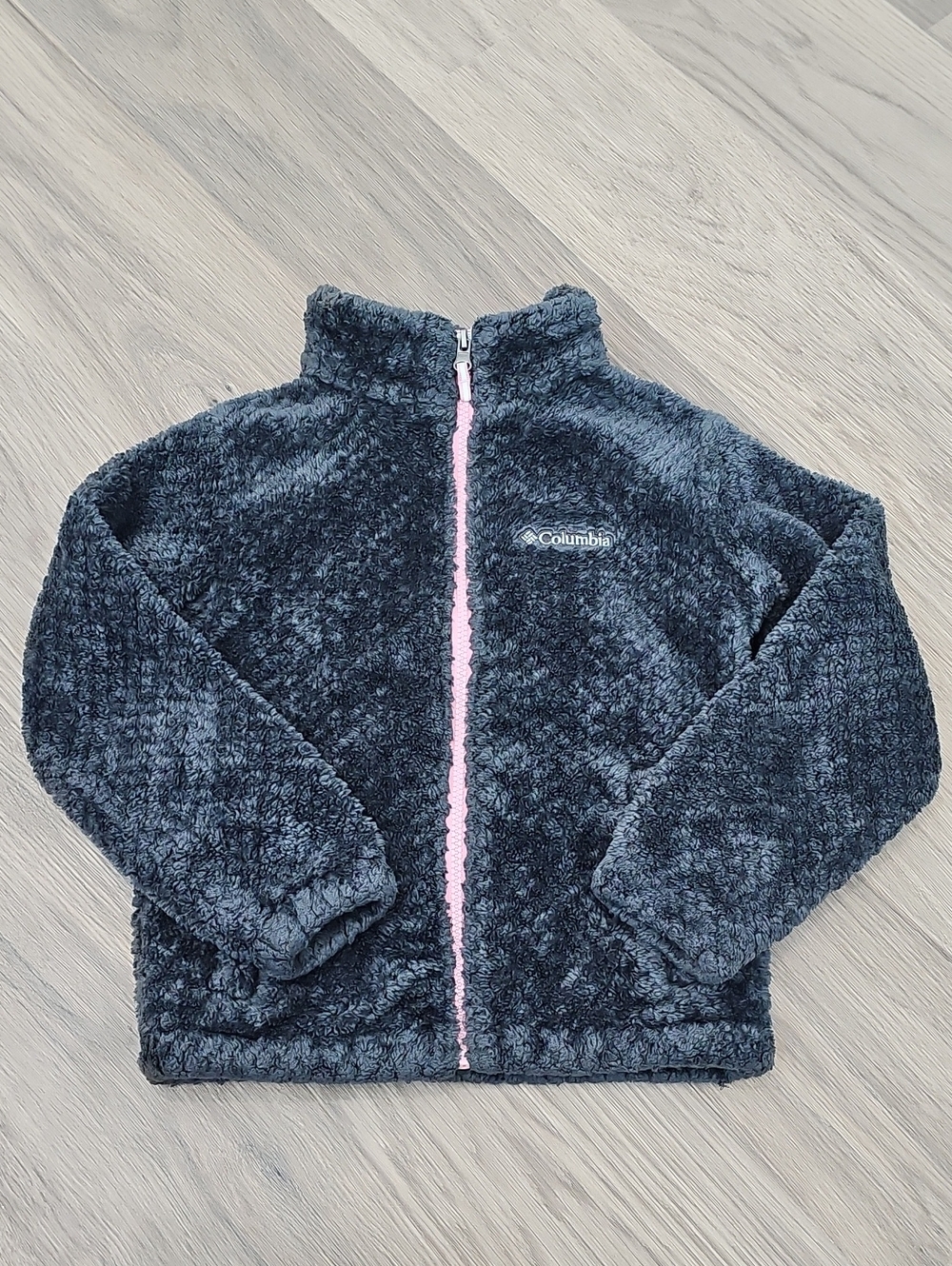 Columbia Girls Gray Fuzzy Jacket with Pink Zipper